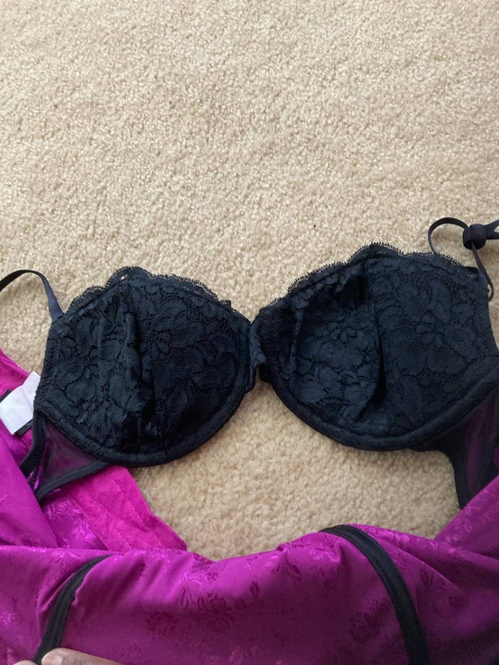 Fuchsia Satin Lace Bustier Top with matching Thong - Picture 3 of 11
